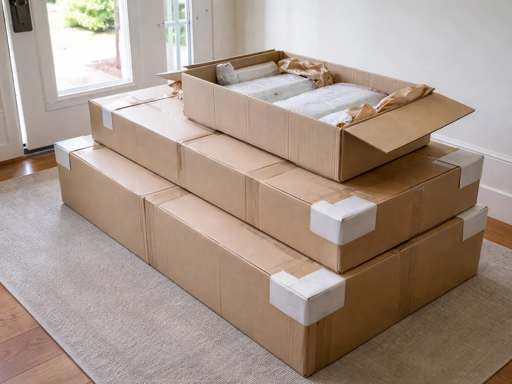 Bulky patio furniture boxes stacked indoors with foam and bubble wrap protection near a doorway.