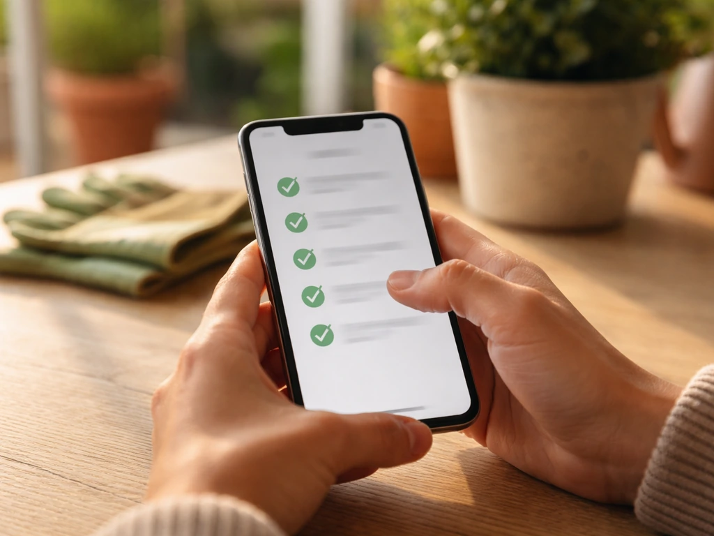 Hands using a smartphone checklist on a table with subtle patio items in the background.