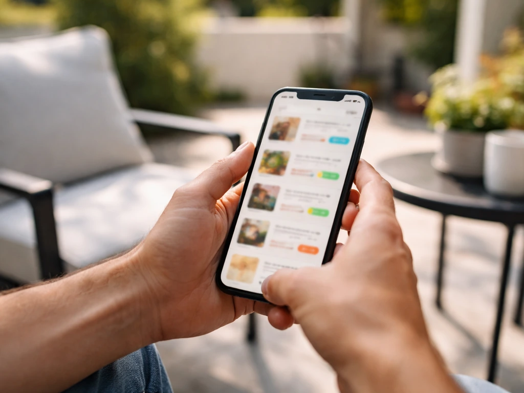 Person holding a smartphone with the Walmart app offers open beside a patio furniture set in daylight