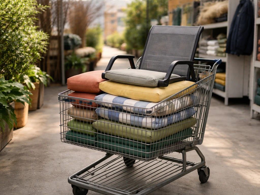 Shopping cart with patio furniture cushions in a retail aisle under natural light.
