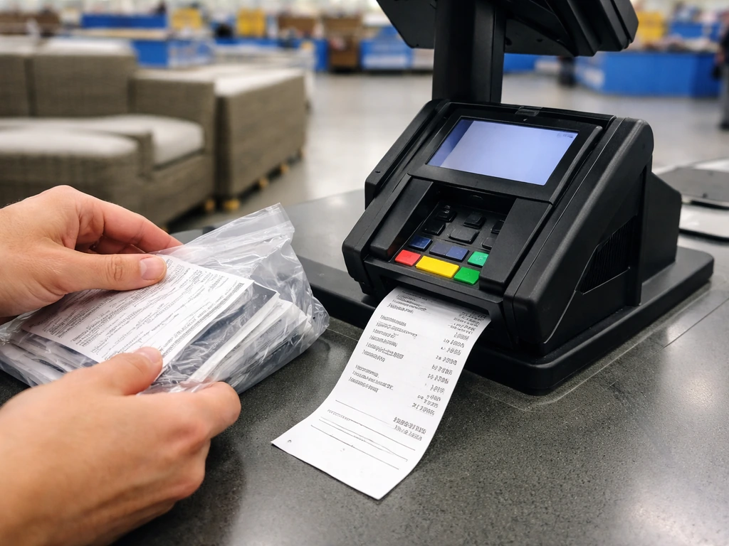 Hands at a store checkout terminal with a receipt showing a discounted total for patio furniture