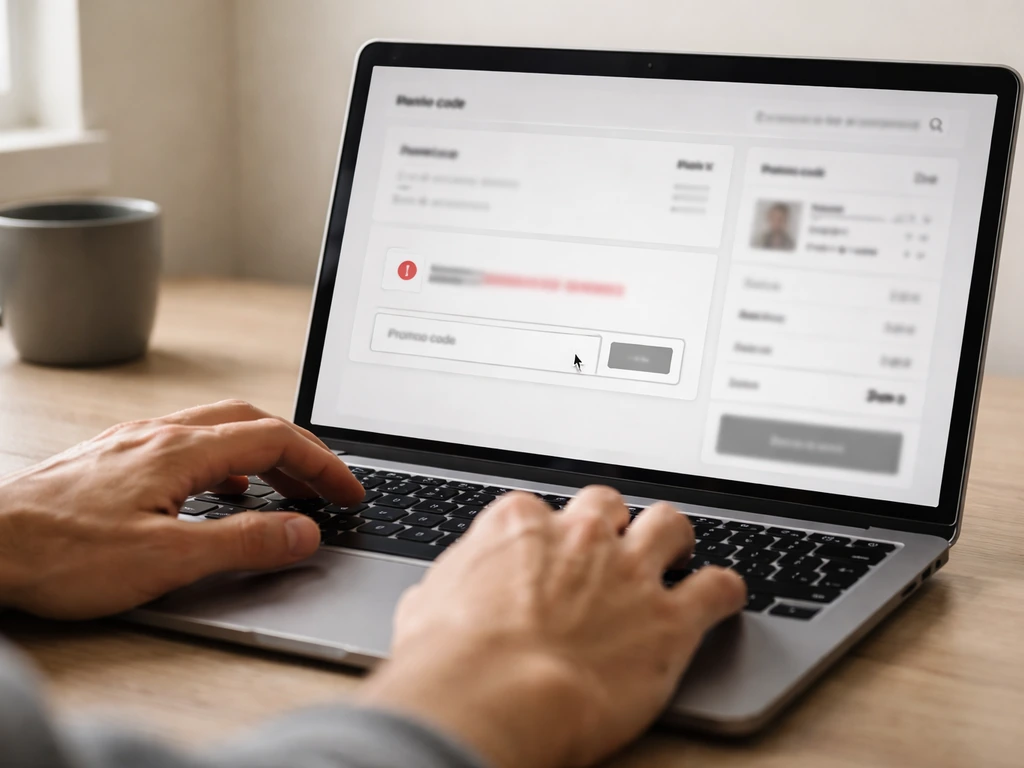 Person at a checkout laptop with a cart and a promo-code error on screen, simple home-office scene