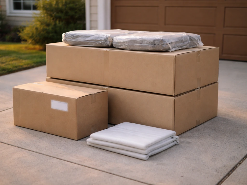 Stacked patio set boxes and a sealed return package on a garage driveway ready to be returned.