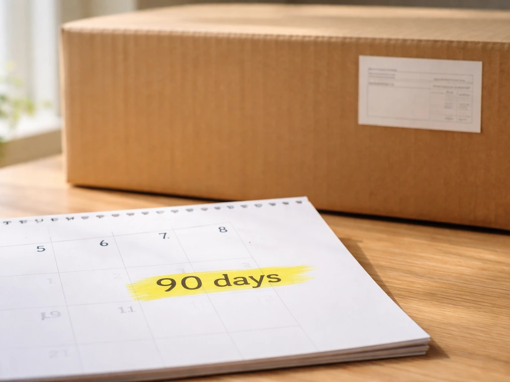 Close-up of a calendar page next to a patio furniture box, emphasizing the 90-day return window.