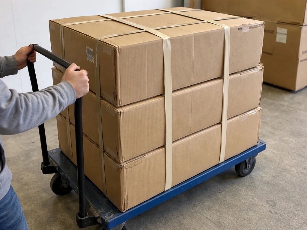 Multi-box patio dining set loaded for return pickup, with straps and a dolly in a simple pickup area.