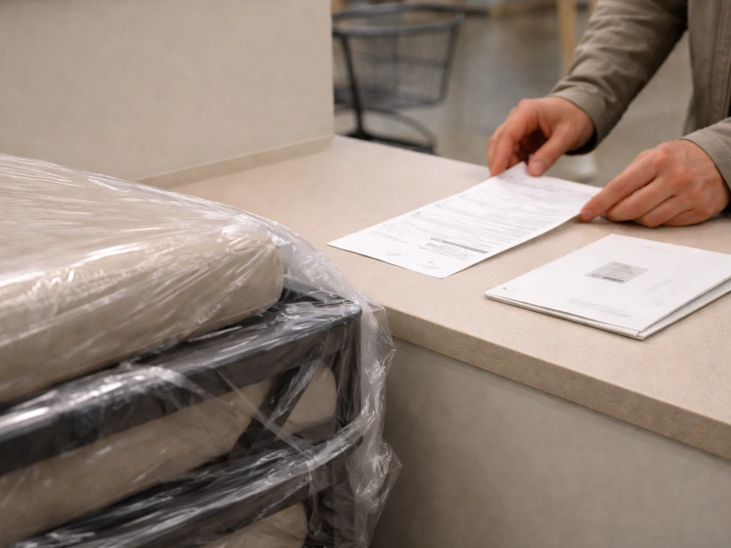 Patio furniture return process at a store customer service counter with a receipt and return label