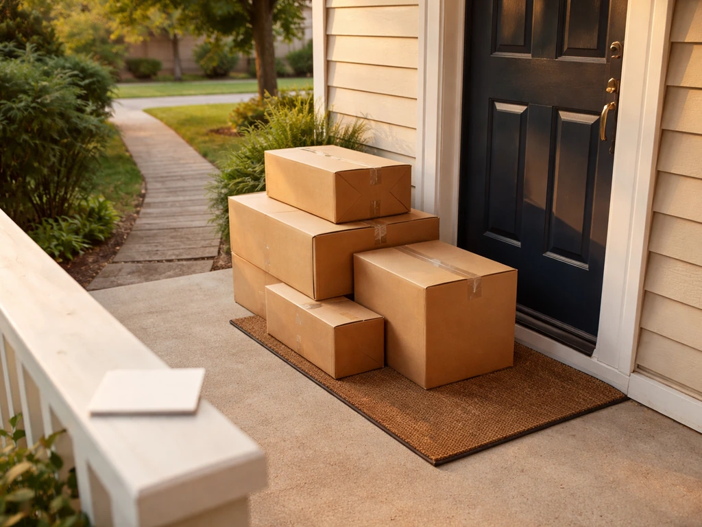 Patio furniture boxes staged by a front door, suggesting an upcoming next-day door pickup.