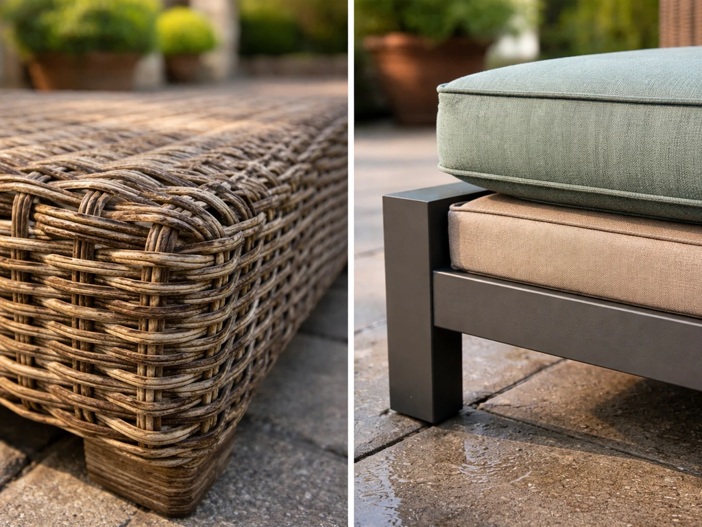 Close-up comparison of weathered wicker/rattan and a powder-coated aluminum patio chair with cushions outdoors.