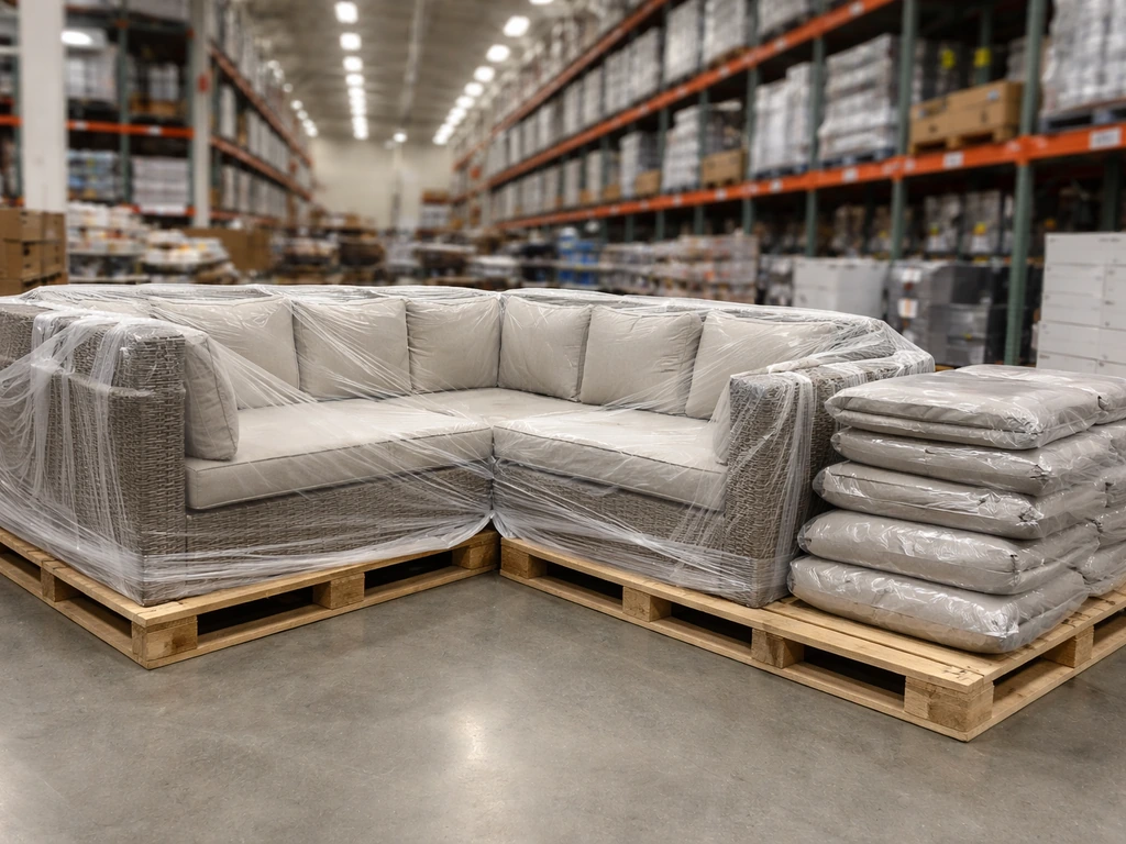Durable patio furniture displayed in a Costco-style bulk warehouse aisle with wrapped sets and pallets