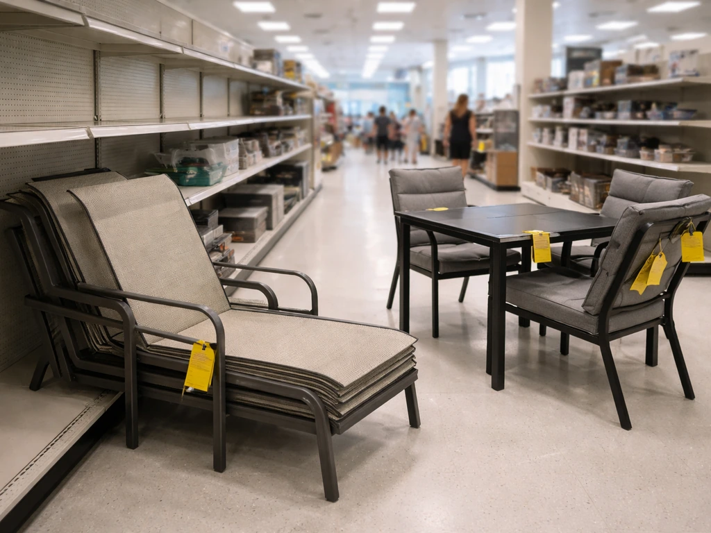 Discount store end-cap with outdoor patio chairs and a small dining set, focused on budget-friendly deals.