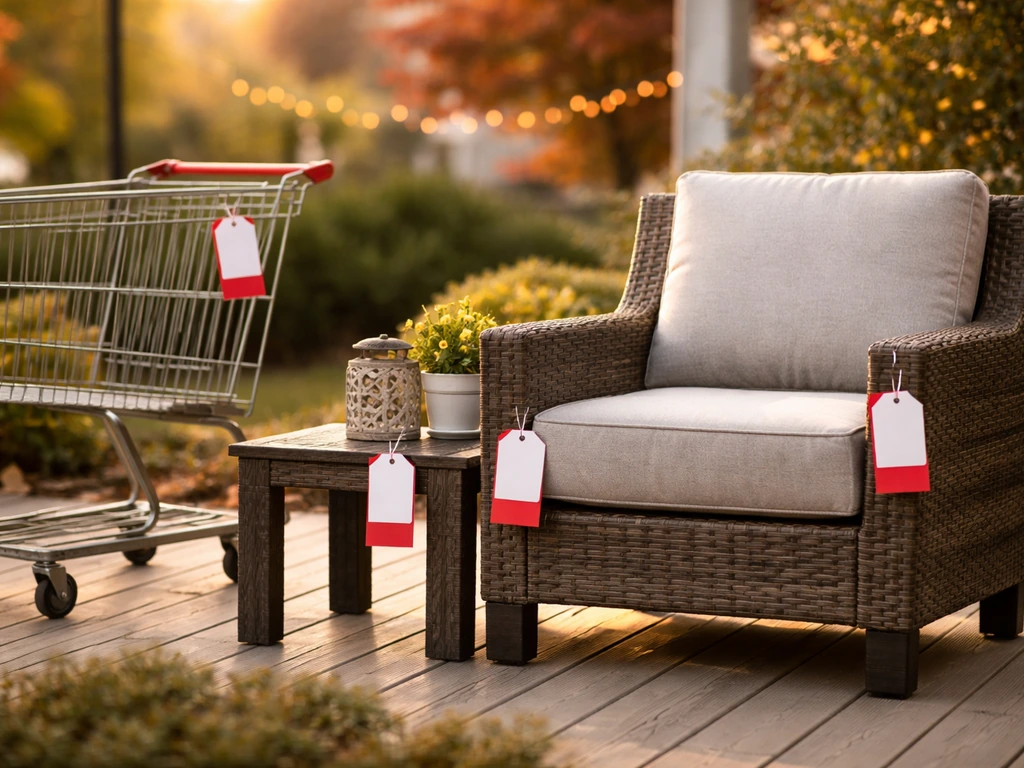 Outdoor patio set with sale tags and a shopping cart near it during a holiday clearance markdown