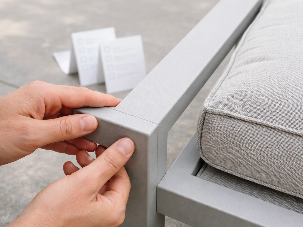 Hands inspecting a powder-coated aluminum patio furniture frame joint and cushion fabric outdoors
