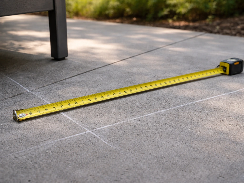 Close-up of a tape measure laid across a patio floor with subtle ground marks for clearance.