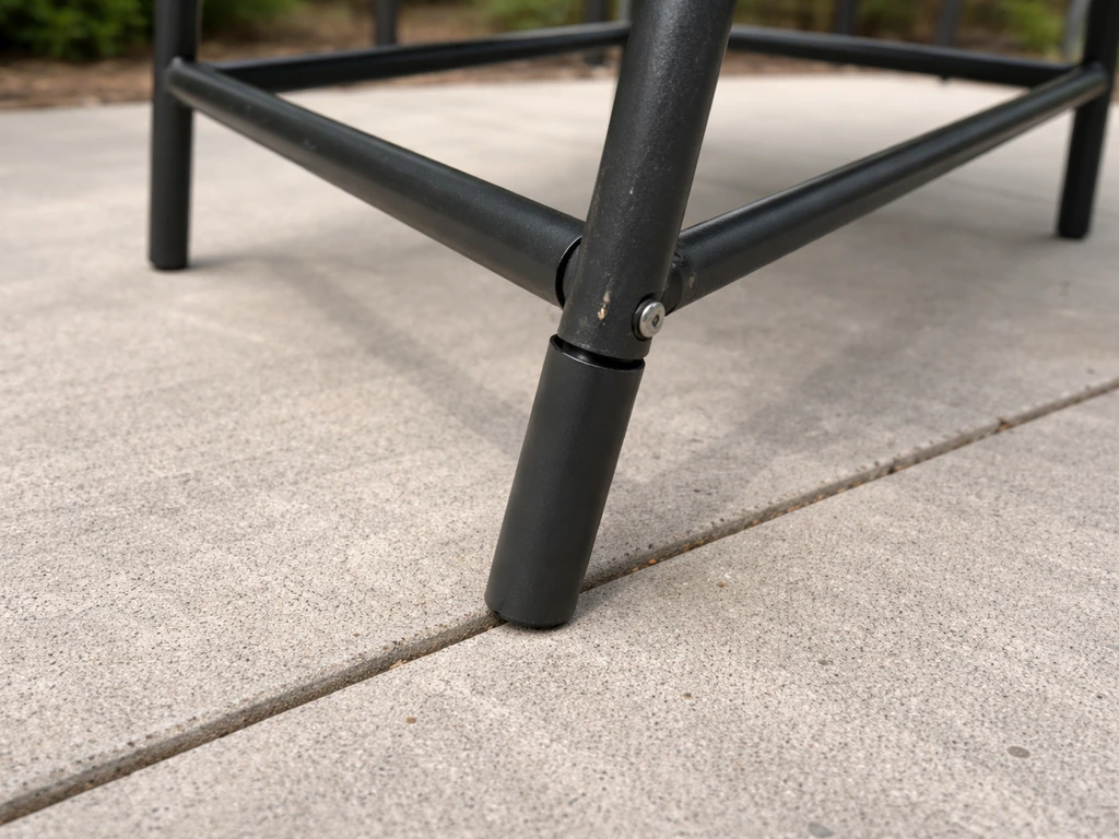 Inspection-style photo of a patio chair with one leg uneven and a slightly misaligned metal joint.
