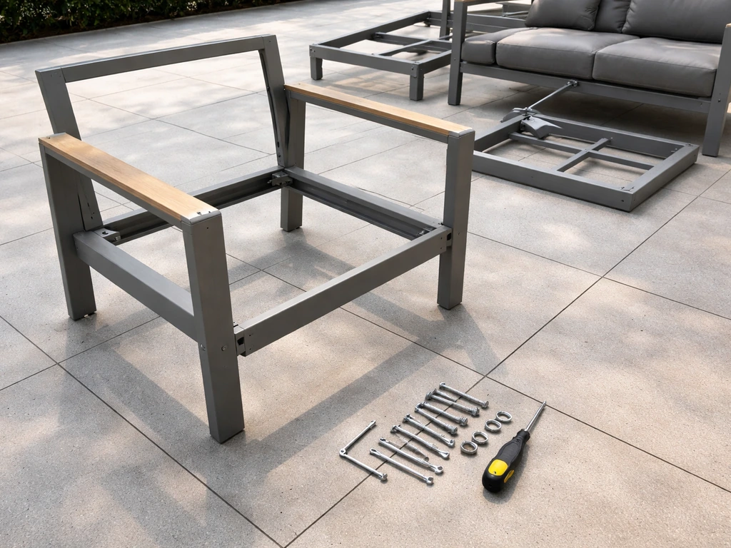 Patio furniture assembly with parts, connectors, and tools laid out on the floor.
