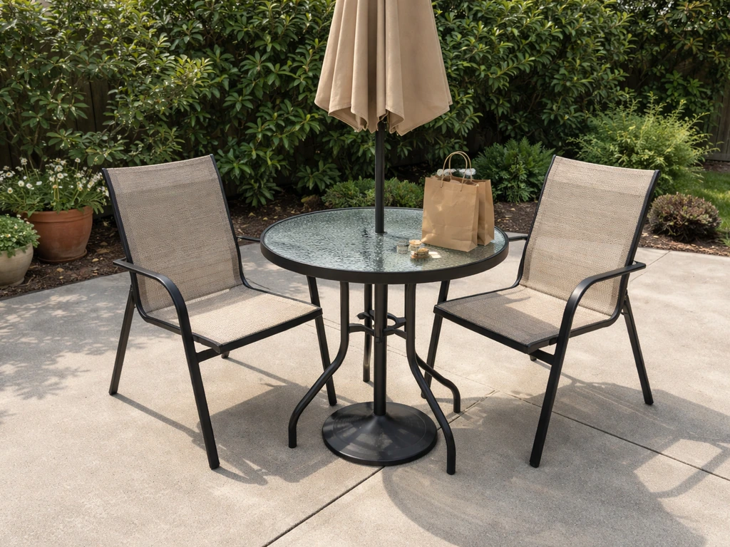 Outdoor patio with a small table, two chairs, umbrella, and a shopping bag with coins suggesting a budget deal.