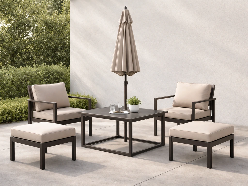 Walsunny 6-piece patio furniture set with umbrella arranged on a patio, showing the full layout clearly.