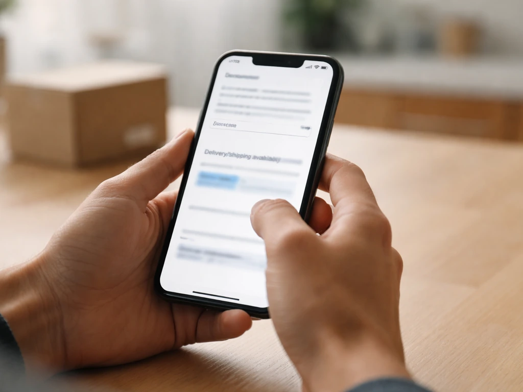 Hands holding a smartphone showing a blurred e-commerce delivery check screen with zip code input.