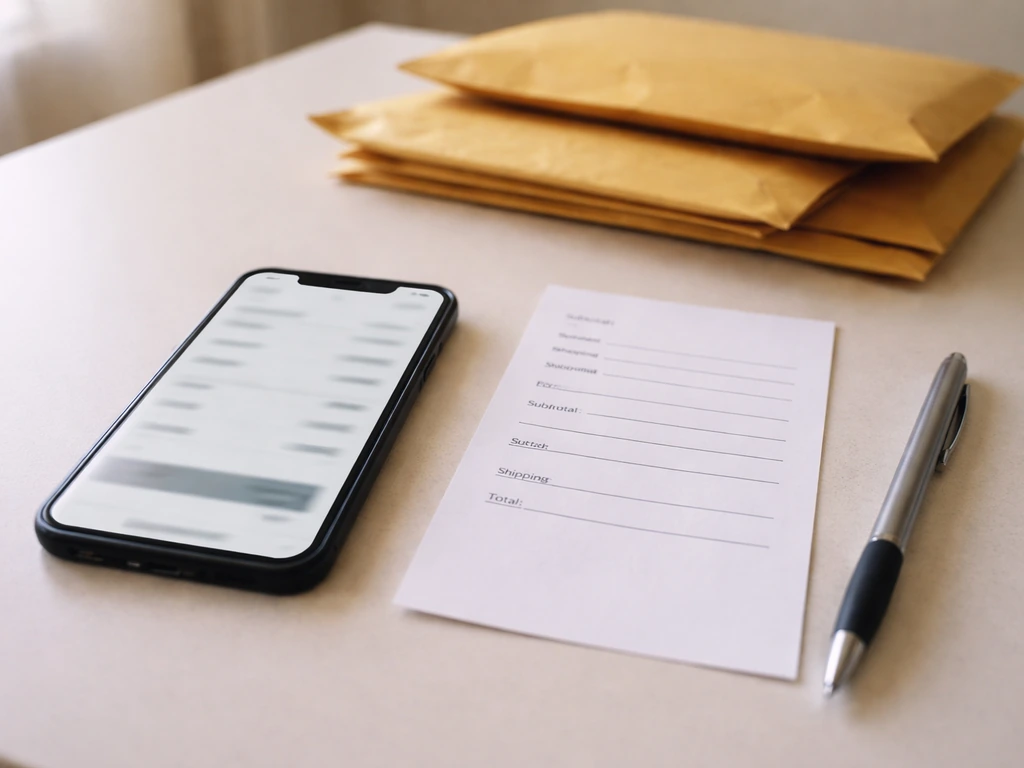 Phone and blank receipt beside shipping envelopes, suggesting changing checkout total after fees.
