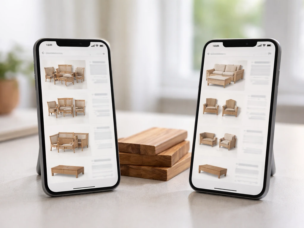 Two phones on a desk show blurred teak patio furniture listings side by side, with a teak wood sample.