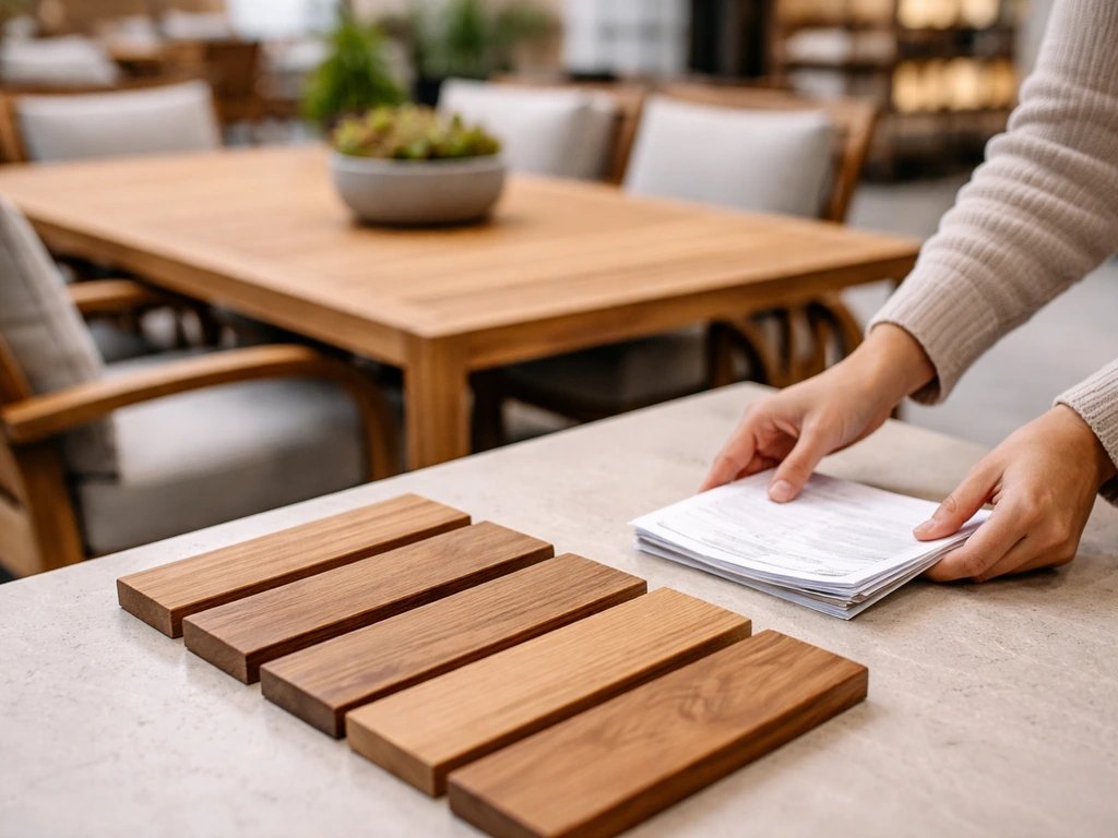 Premium teak patio display with paperwork and sample slats on a showroom floor, hands placing documents.