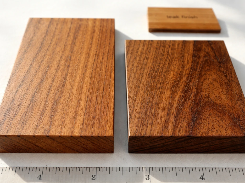 Close-up teak wood grain and heartwood details with blurred red-flag listing term on a small card.