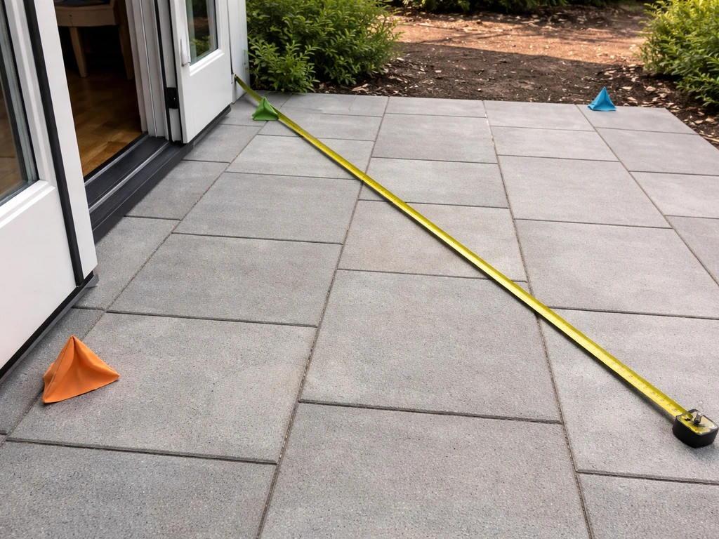 Tape measure laid across a paved patio with simple markers showing the usable footprint.