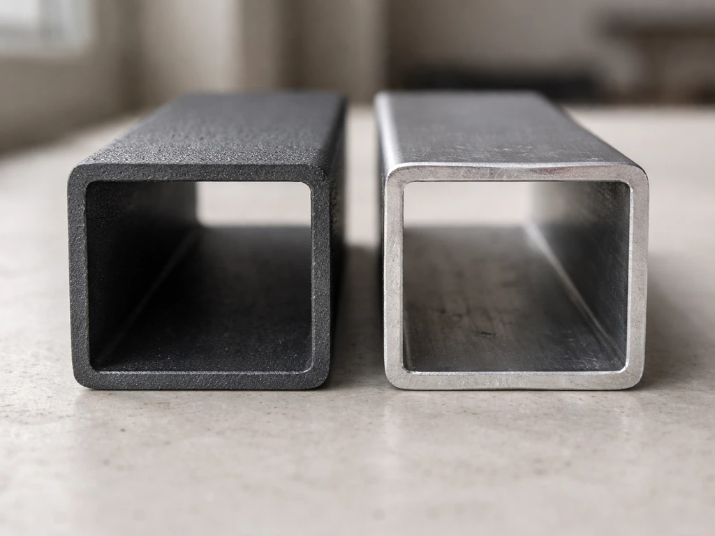 Close-up of two chair frame finishes: thick powder-coated steel texture and a thin bare metal rust-prone look.