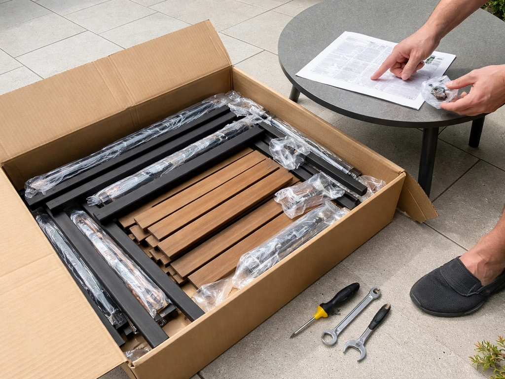 Patio furniture parts and tools spread from a box while someone consults assembly instructions nearby.