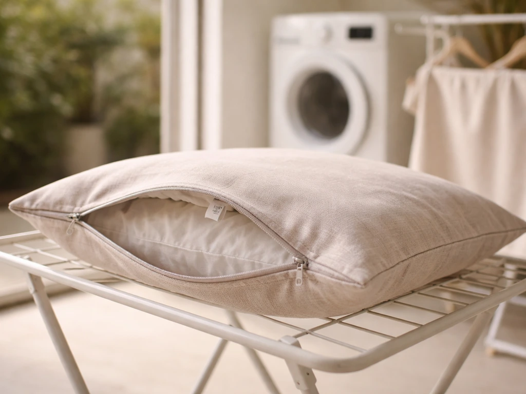 Removable cushion cover unzipped and drying on a clothesline near a washing machine