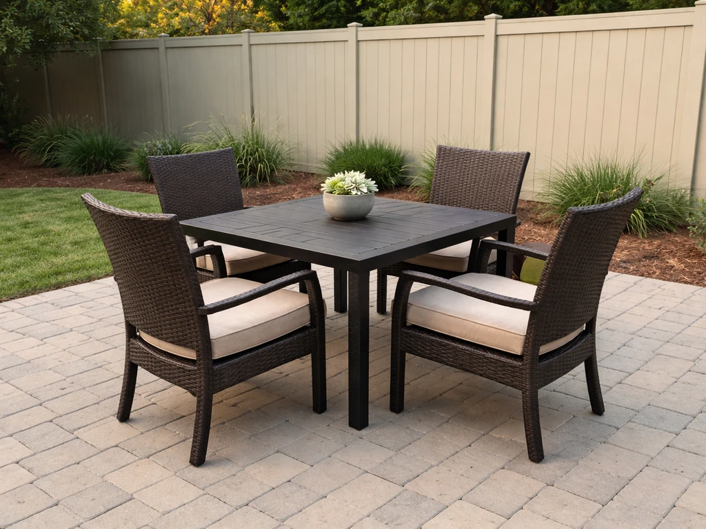 Staged patio furniture bundle with table, chairs, and cushions in a simple outdoor setting.