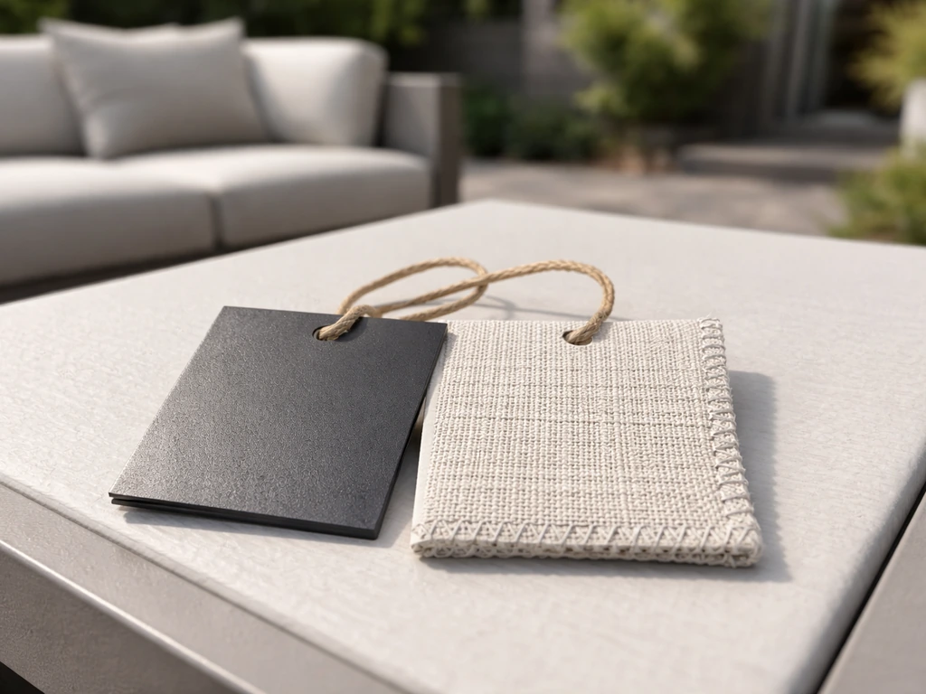 Close-up of patio furniture material swatches showing powder-coated metal finish and cushion fabric texture.