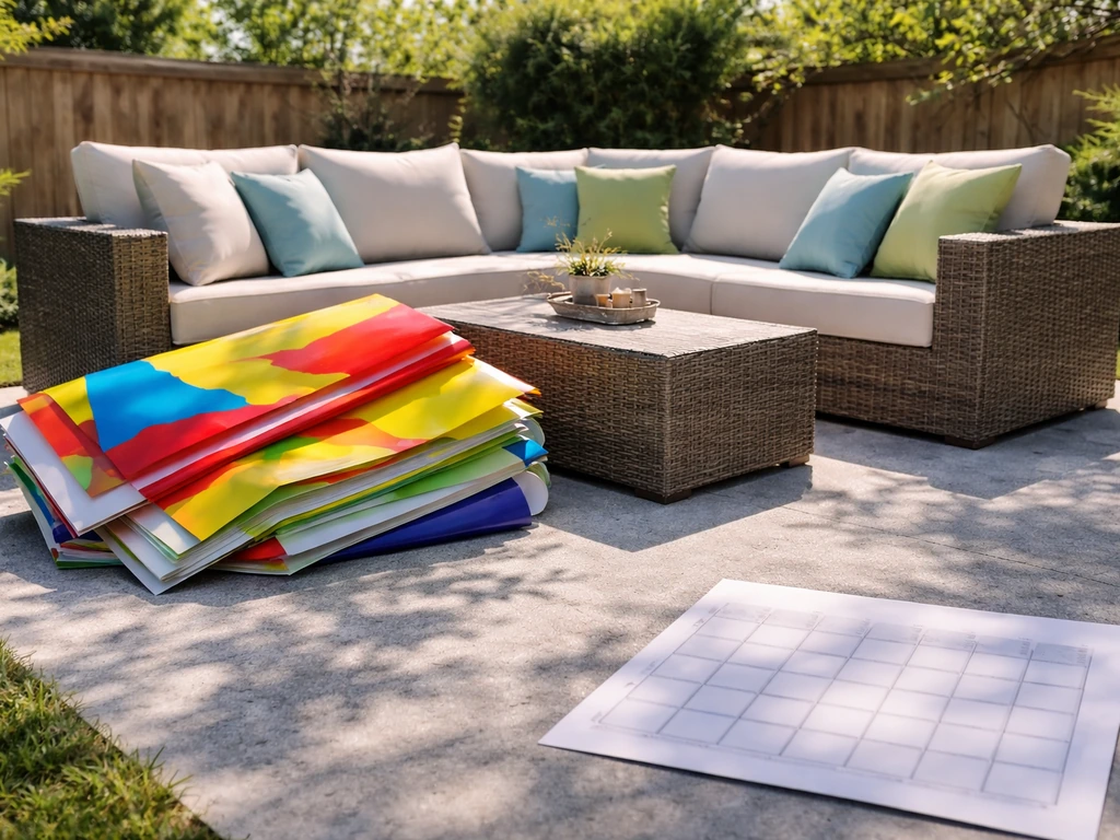Patio furniture on a backyard patio with generic sale banners and a blank calendar cue nearby.
