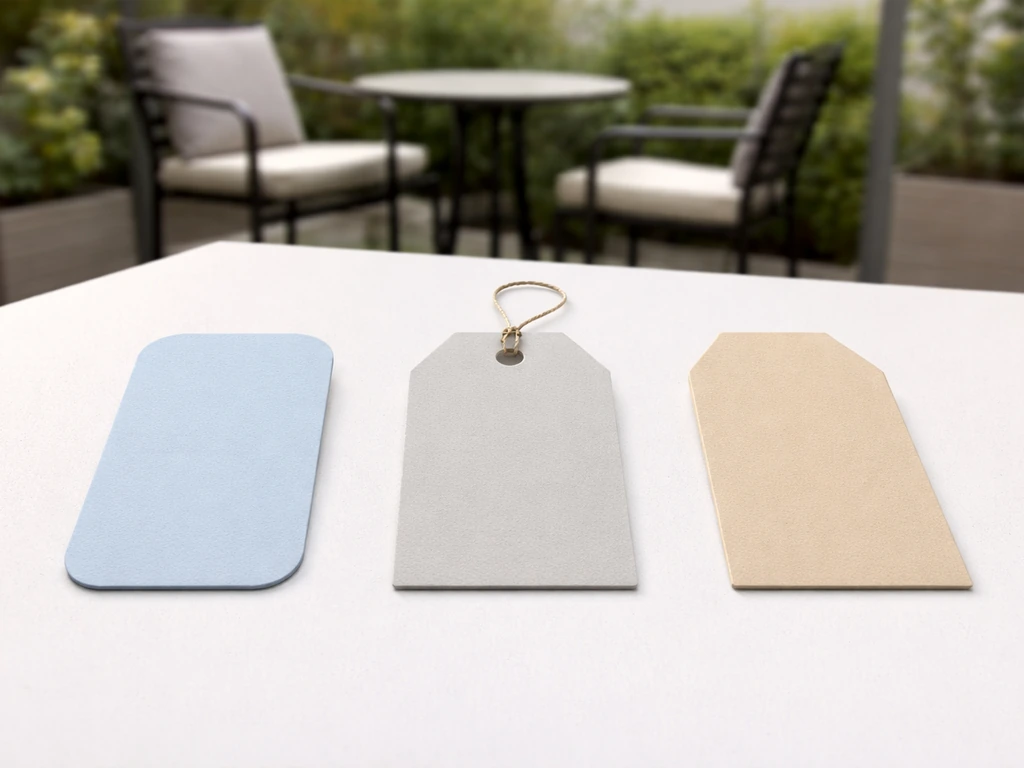 Three patio dining set price-tag style cards on a table with outdoor furniture samples in the background.