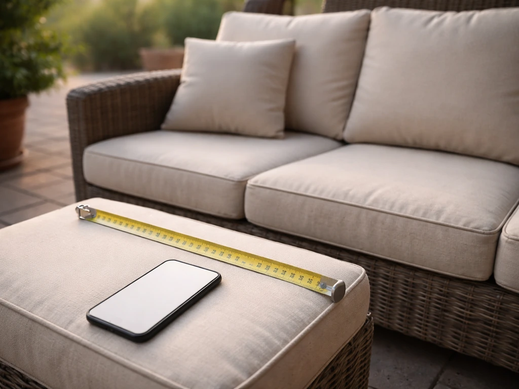 Smartphone beside a measuring tape and a well-kept patio set, suggesting checking local furniture deals.