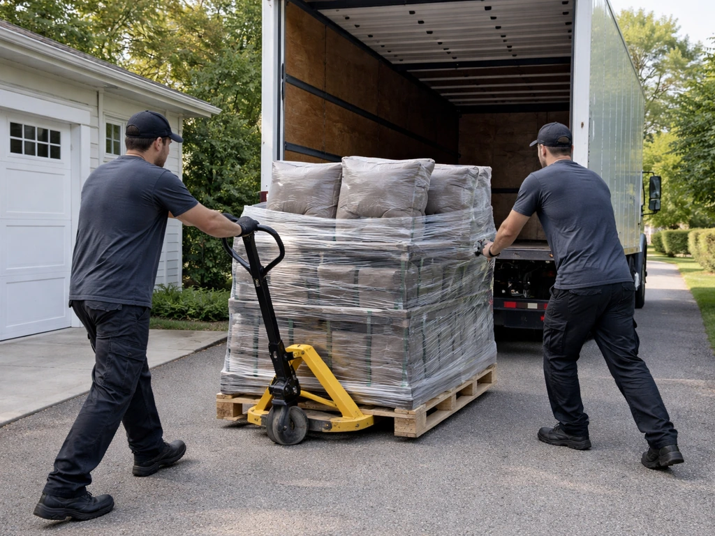 Delivery crew unloading a patio furniture set from a box truck onto a driveway
