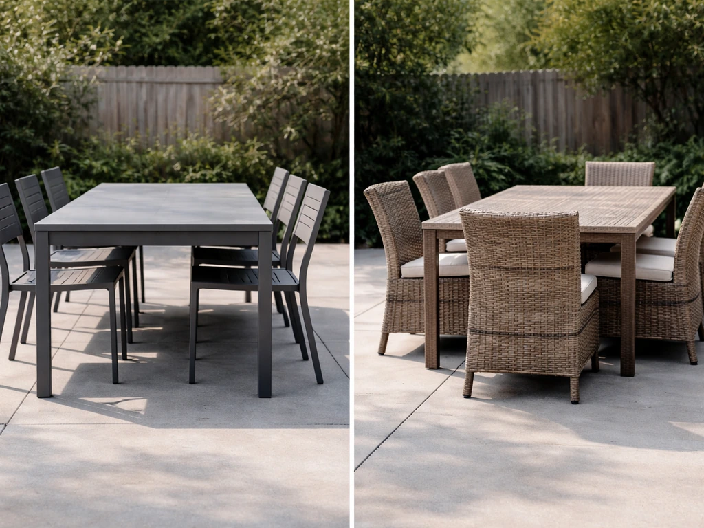 Side-by-side outdoor dining sets: powder-coated aluminum chairs and all-weather resin wicker on a patio