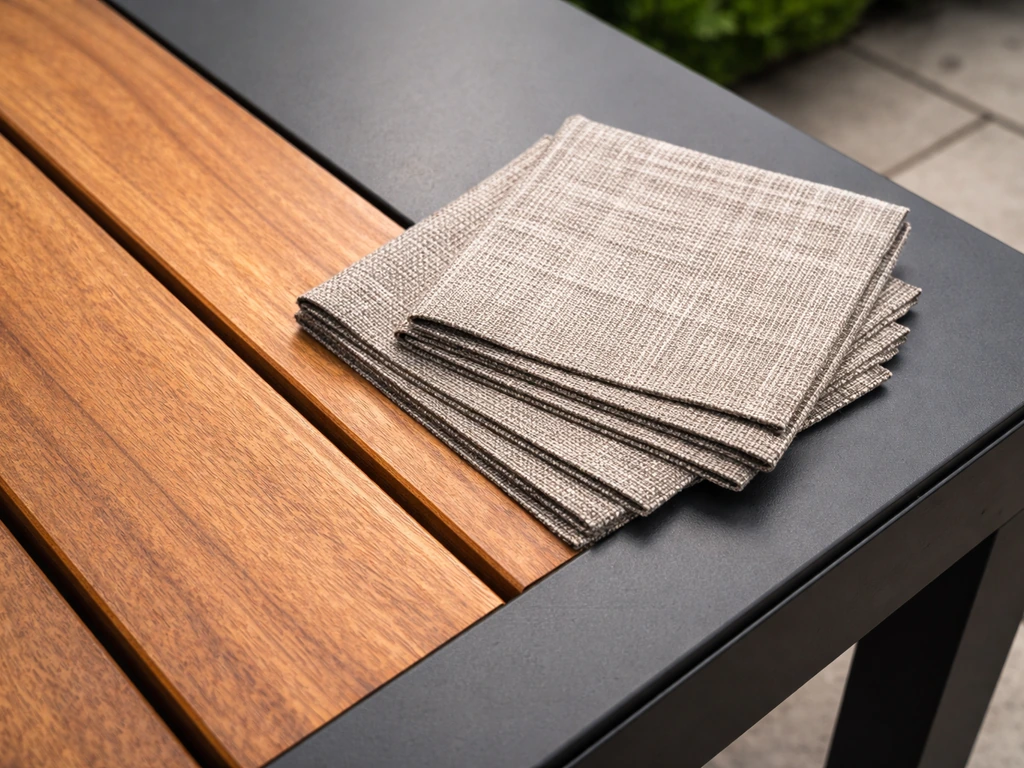 Close-up of teak wood grain and powder-coated aluminum with a high-end outdoor cushion fabric swatch.