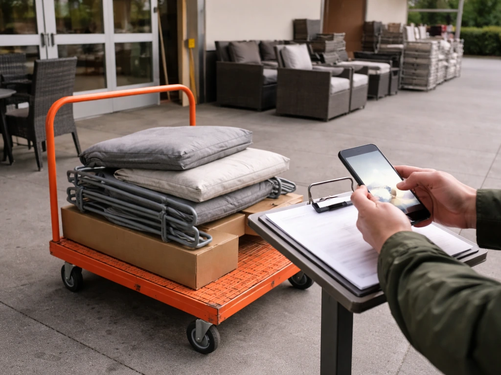 Anonymous hands checking a phone beside a pickup cart near outdoor furniture at a home improvement store