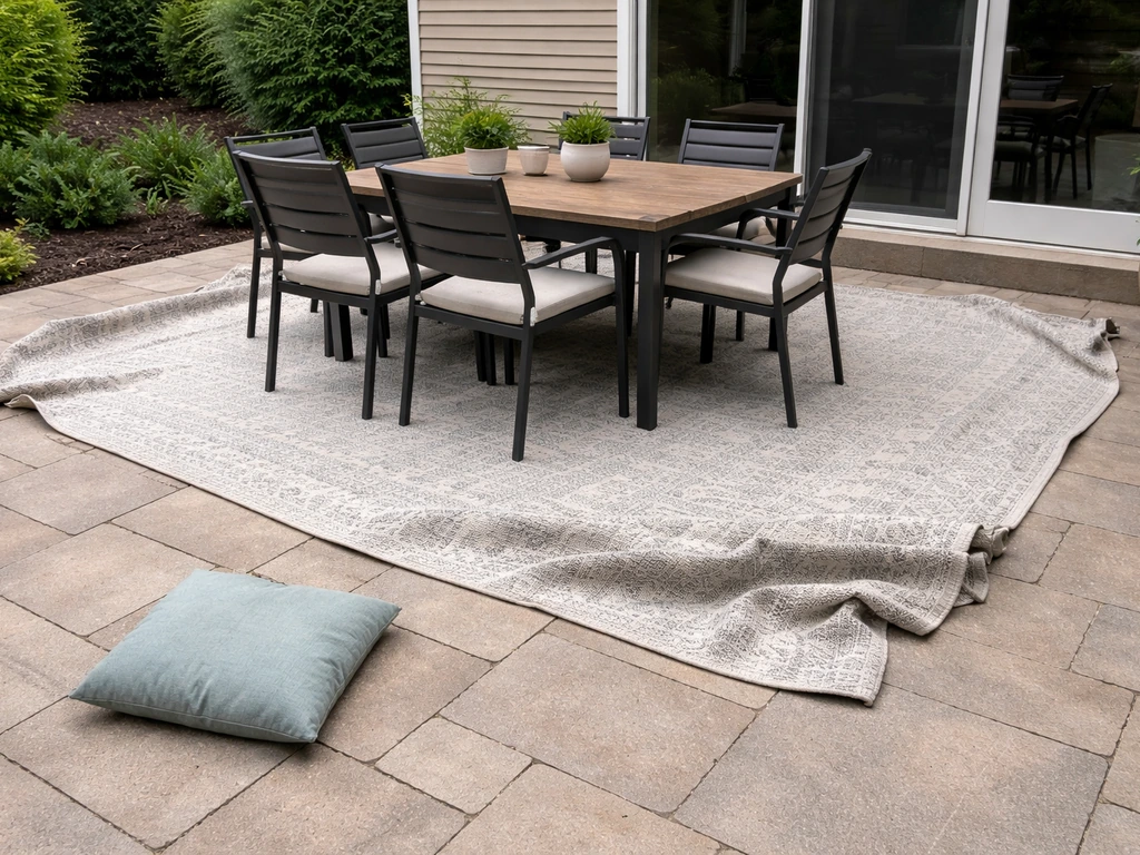 Outdoor patio with a mismeasured oversized rug and a worn-looking outdoor cushion fabric example.