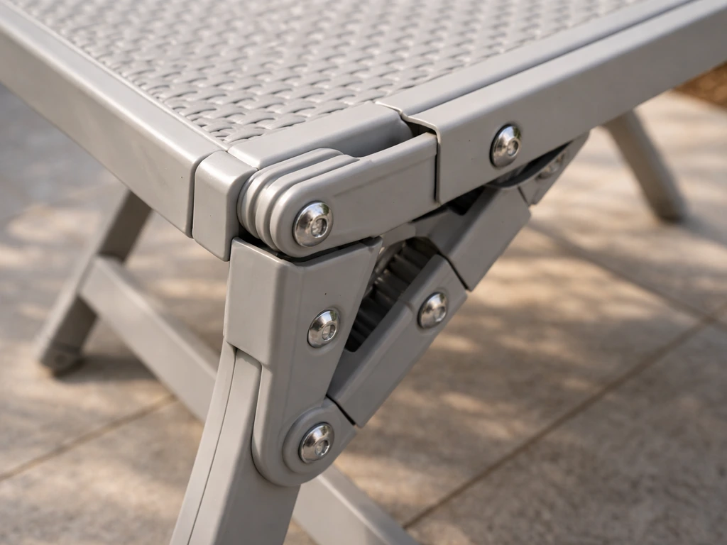 Close-up of a low-cost patio set’s polypropylene frame and folding joints with visible hardware