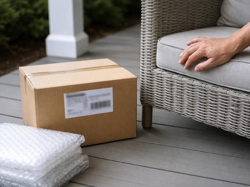 Close-up of a sealed delivery package label area and a patio furniture corner being inspected for damage.