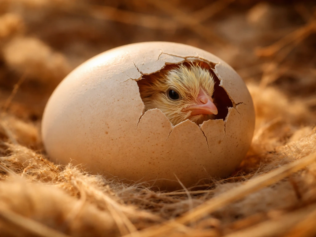 Close-up of a cracked bird egg with a newborn chick emerging in warm natural light.