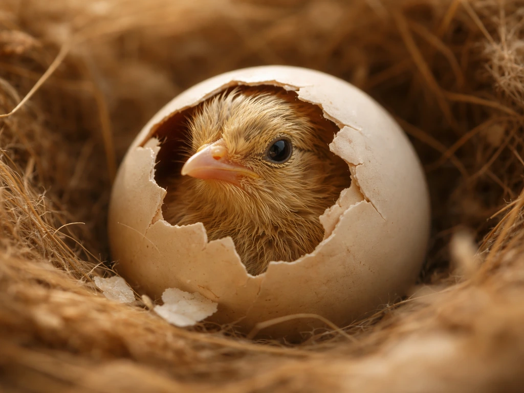 Close-up macro of a downy hatchling emerging from a cracked egg in a nest.