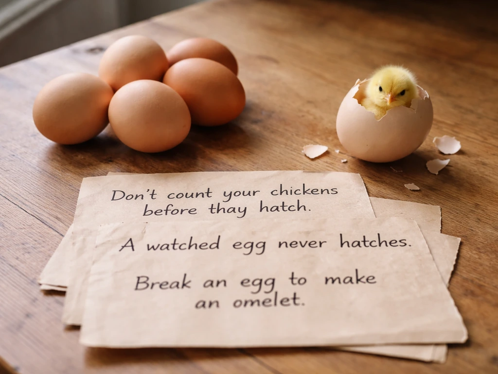 Eggs on a wooden table with a cracked egg and a tiny chick emerging beside handwritten idiom phrases.