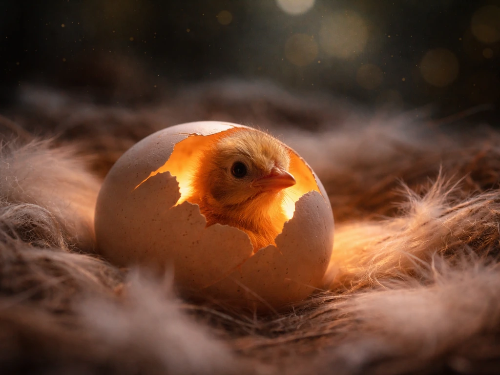 Warm glow from a cracked egg as a small bird hatches in a quiet night nest.