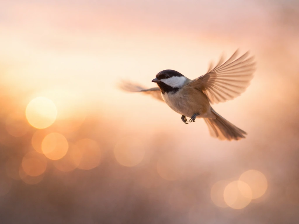 Small bird flying at sunrise with warm, hopeful light in a soft sky background.