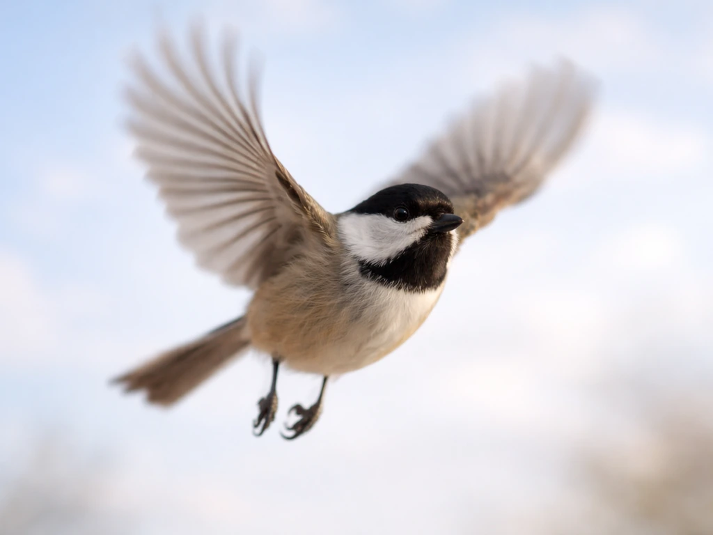 Close-up of a small bird launching into the air, wings spread, capturing the literal “fly!” command.