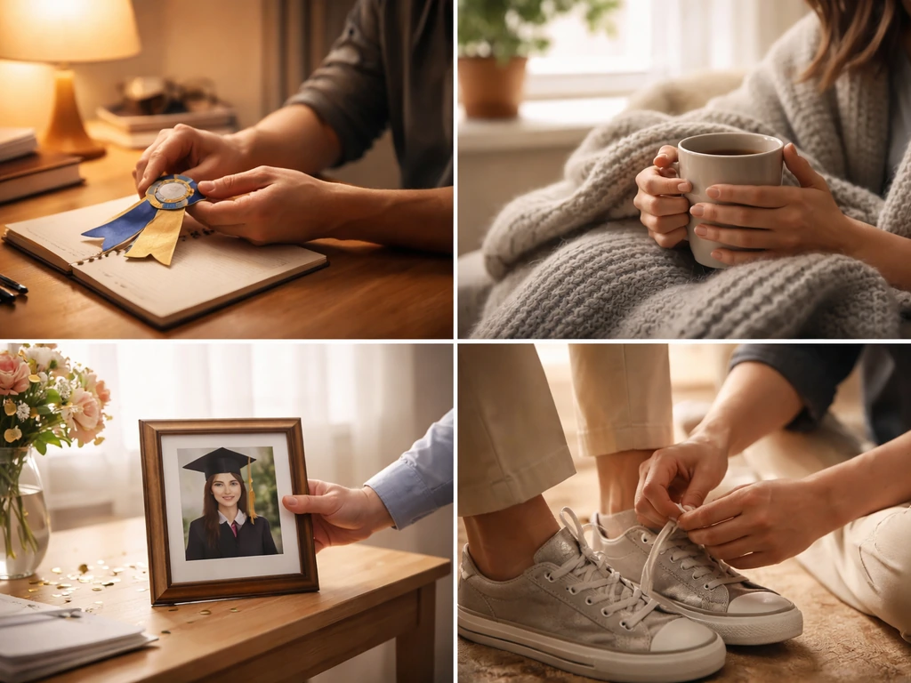Four minimal photo panels showing hands and props for pride, comfort, celebration, and tender care.