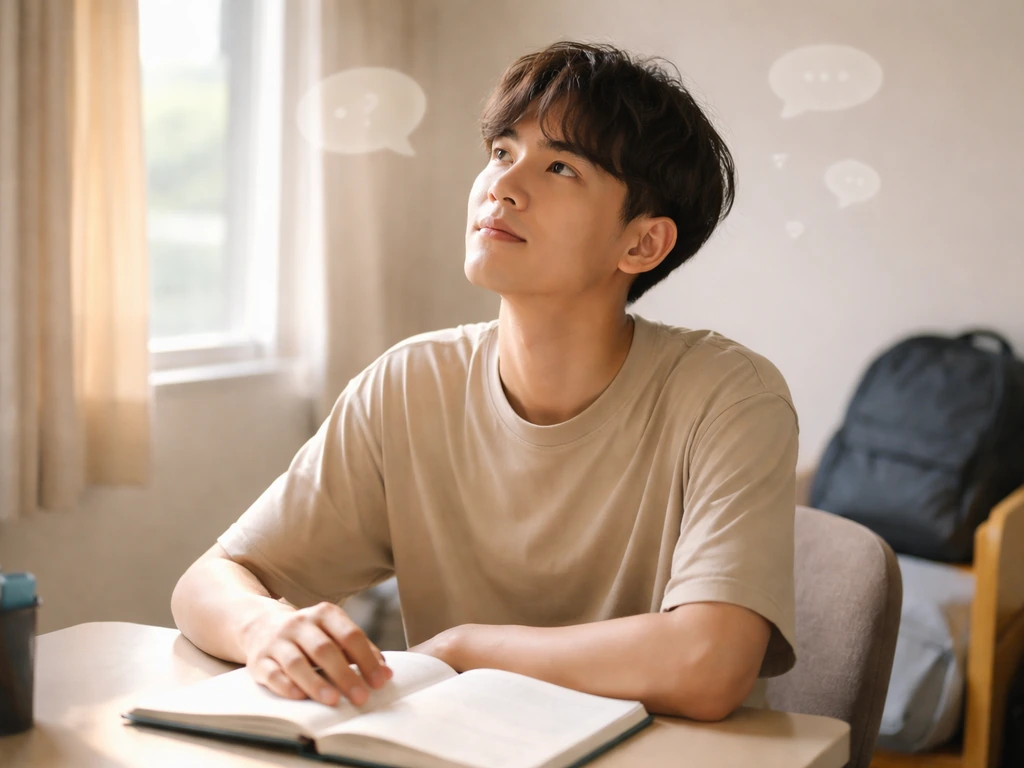 Thoughtful person at a desk looking up, with subtle speech and emotion icons in the blurred background.
